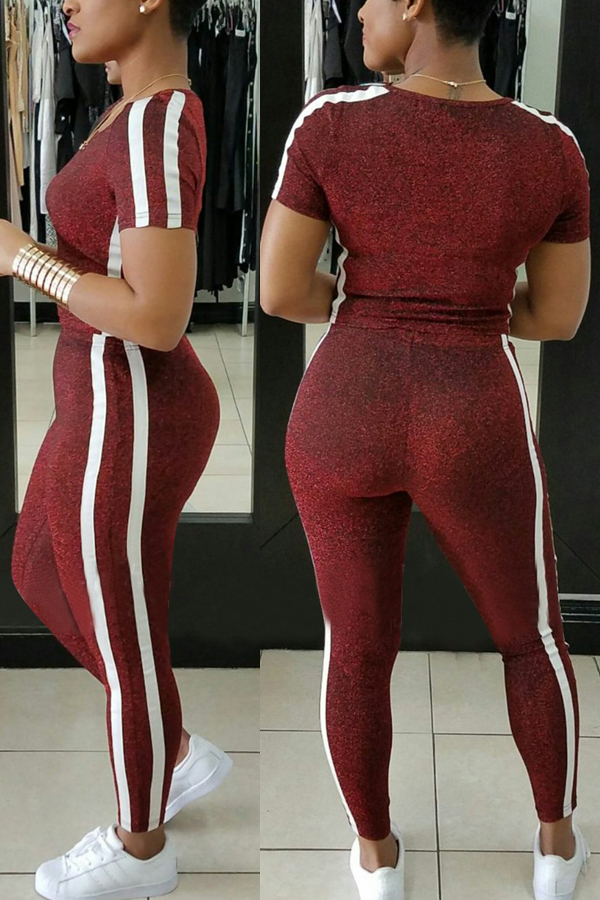  Leisure Round Neck Patchwork  Wine Red Polyester Two-piece Pants Set