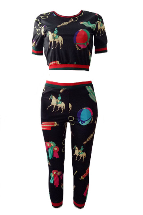  Leisure Round Neck Printed Black Polyester Two-piece Pants Set