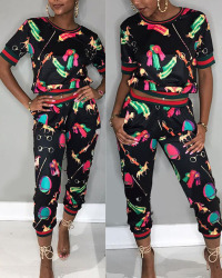 Leisure Round Neck Printed Black Polyester Two-piece Pants Set