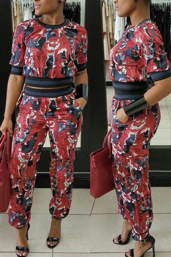  Leisure Round Neck Printed Patchwork Red Cotton Two-piece Pants Set