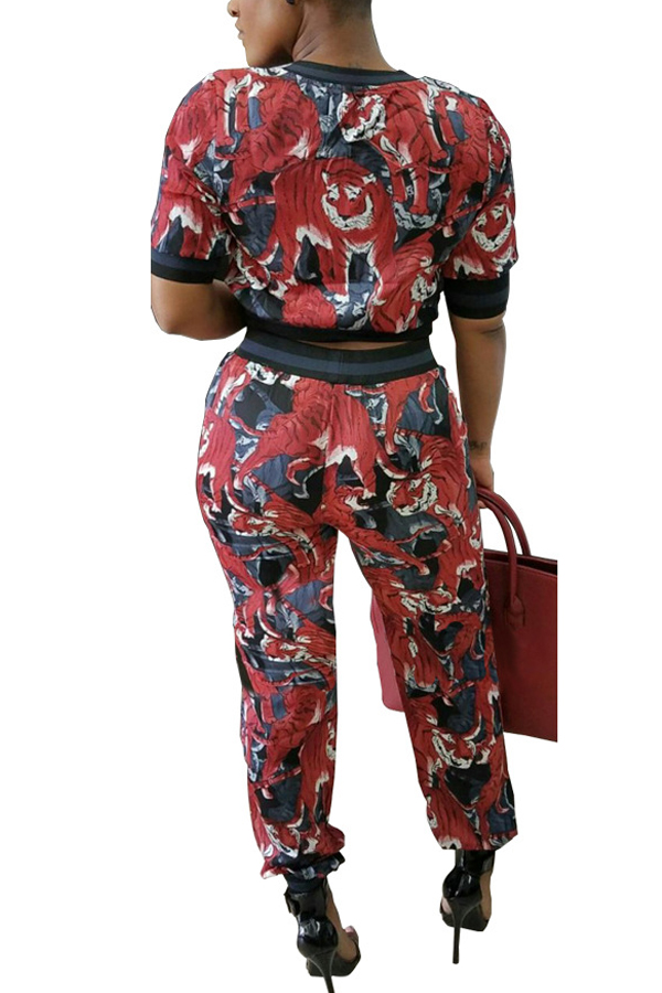  Leisure Round Neck Printed Patchwork Red Cotton Two-piece Pants Set