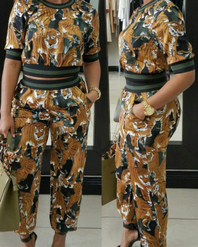  Leisure Round Neck Printed Patchwork Yellow Cotton Two-piece Pants Set