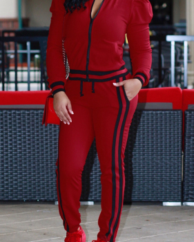  Leisure Round Neck Zipper Design Red Cotton Two-piece Pants Set