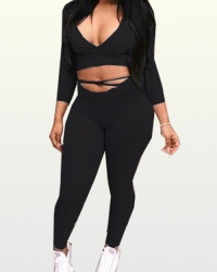  Leisure V Neck Hollow-out Black Polyester Two-piece Pants Set