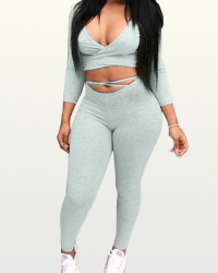  Leisure V Neck Hollow-out Grey Polyester Two-piece Pants Set