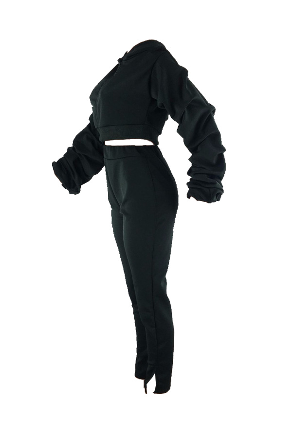  Leisure V Neck Long Sleeves Zipper Design Black Polyester Two-piece Pants Set