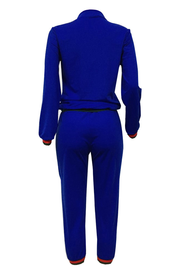  Leisure Zipper Design Dark Blue Knitting Two-piece Pants Set