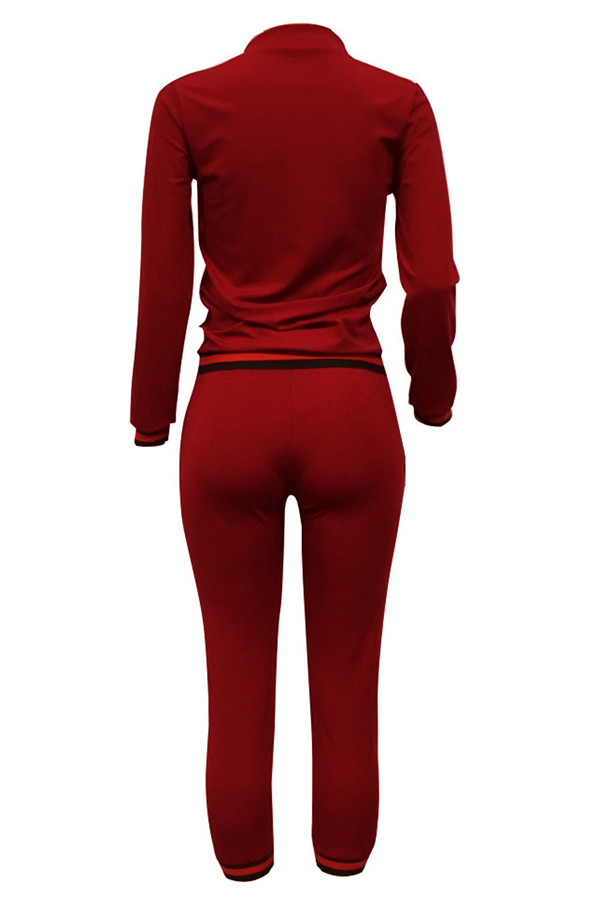  Leisure Zipper Design Wine Red Knitting Two-piece Pants Set