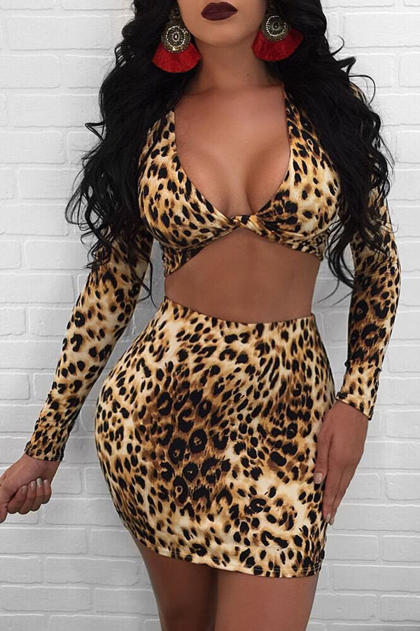  Leopard Knitting Skirt Leopard V Neck Long Sleeve Sexy Two Pieces