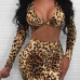  Leopard Knitting Skirt Leopard V Neck Long Sleeve Sexy Two Pieces