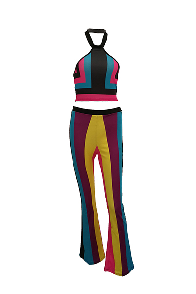  Multi Polyester Pants Color Block V Neck Sleeveless Sexy Two Pieces