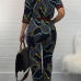  Multi Polyester Pants Print O neck Short Sleeve Casual Two Pieces