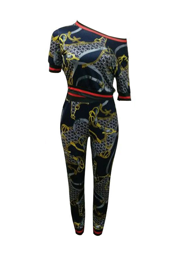  Multi Polyester Pants Print O neck Short Sleeve Casual Two Pieces