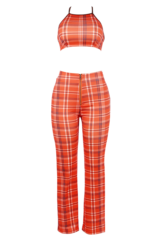  Orange-red Polyester Pants Plaid U neck Sleeveless Fashion Two Pieces