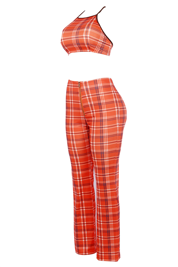  Orange-red Polyester Pants Plaid U neck Sleeveless Fashion Two Pieces