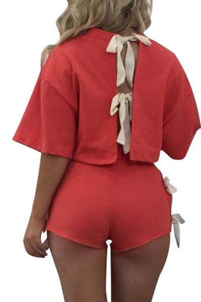  Red Cotton Shorts Solid O neck Short Sleeve Sexy Two Pieces