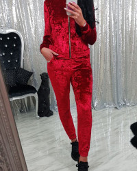 Red Velvet Pants Plain Turndown Collar Long Sleeve Casual Two Pieces