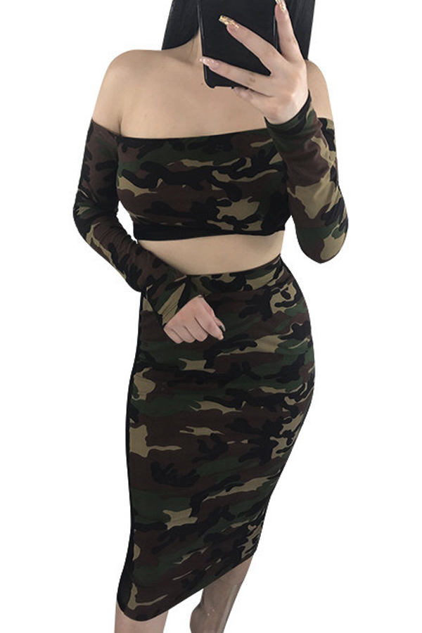  Sexy Bateau Neck Camouflage Printed Army Green Qmilch Two-piece Skirt Set