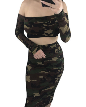  Sexy Bateau Neck Camouflage Printed Army Green Qmilch Two-piece Skirt Set