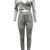  Sexy Bateau Neck Cross Chest Hollow-out Grey Polyester Two-Piece Pants Set
