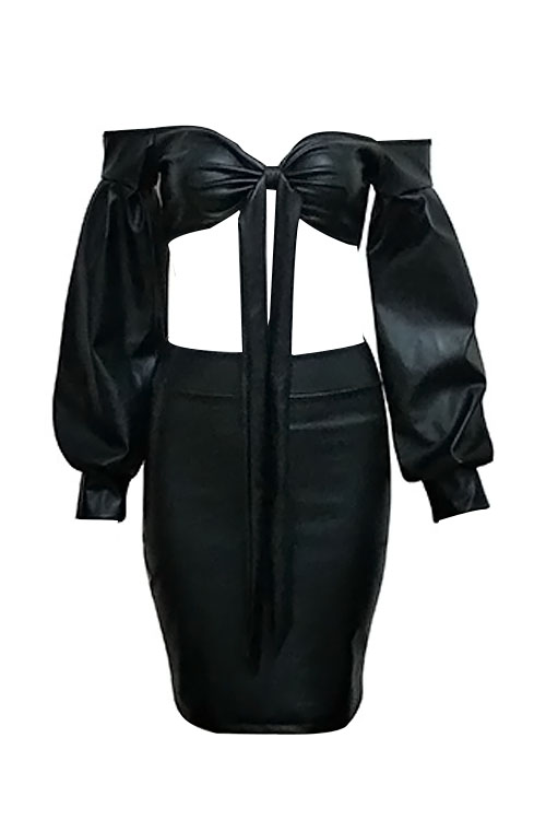  Sexy Bateau Neck Knot Design Black PU Two-piece Skirt Set