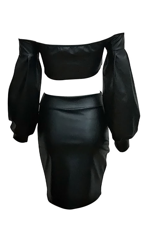  Sexy Bateau Neck Knot Design Black PU Two-piece Skirt Set