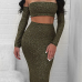  Sexy Bateau Neck Metallic Lace-up Army Green Polyester Two-piece Skirt Set