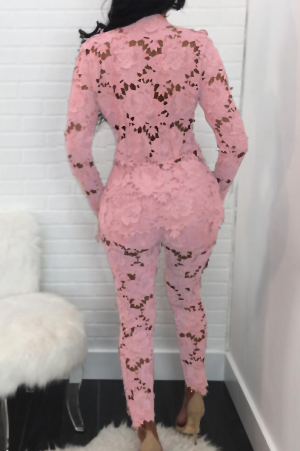 Sexy Deep V Neck Hollow-out Pink Bud SilkTwo-piece Pants Set
