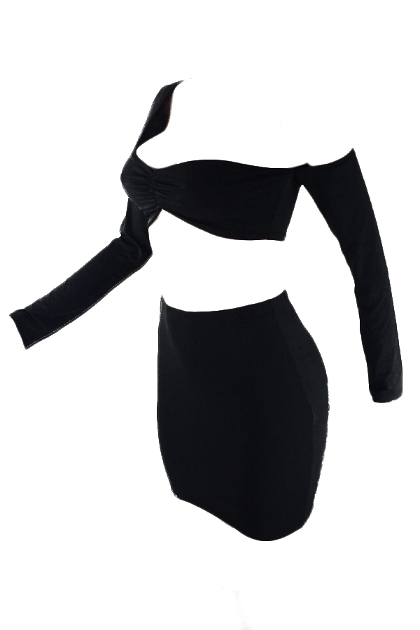  Sexy Dew Shoulder Black Cotton Two-piece Skirt Set