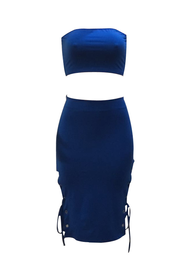  Sexy Dew Shoulder Lace-up Hollow-out Blue Milk Fiber Two-piece Skirt Set