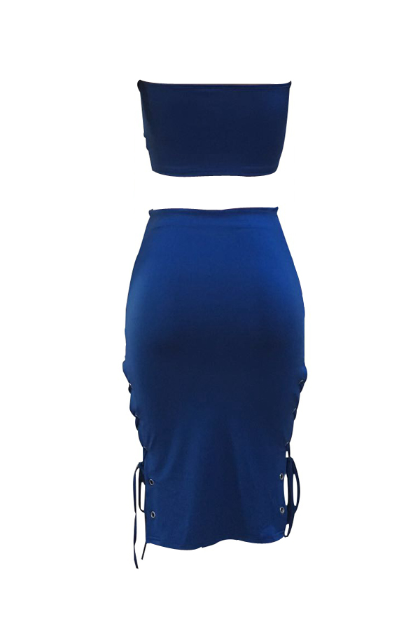  Sexy Dew Shoulder Lace-up Hollow-out Blue Milk Fiber Two-piece Skirt Set