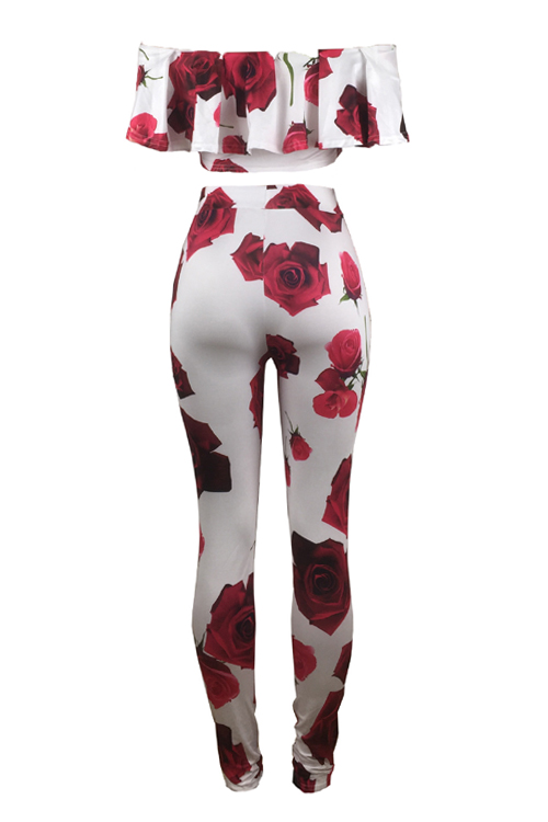  Sexy Dew Shoulder Rose Printed White Milk Fiber Two-piece Pants Set