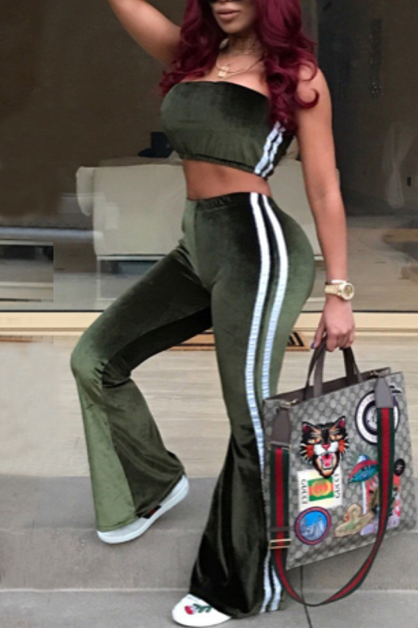 Sexy Dew Shoulder Striped Patchwork Army Green Velvet Two-piece Pants Set