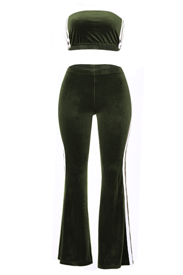  Sexy Dew Shoulder Striped Patchwork Army Green Velvet Two-piece Pants Set