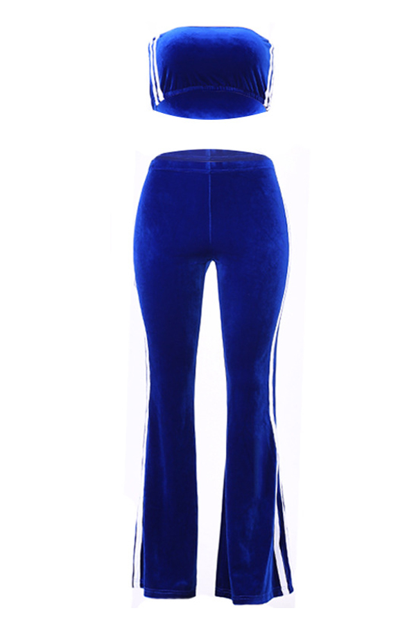  Sexy Dew Shoulder Striped Patchwork Blue Velvet Two-piece Pants Set