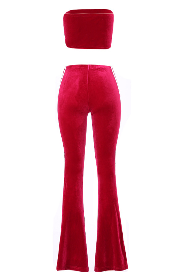  Sexy Dew Shoulder Striped Patchwork Red Velvet Two-piece Pants Set