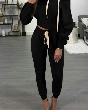  Sexy Hooded Collar Dew Shoulder Black Polyester Two-piece Pants Set