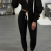  Sexy Hooded Collar Dew Shoulder Black Polyester Two-piece Pants Set