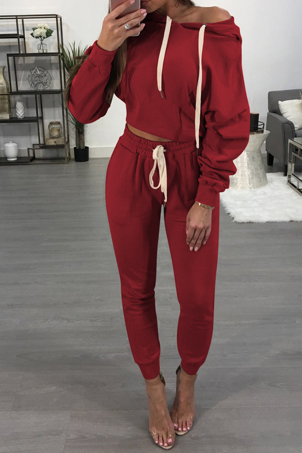  Sexy Hooded Collar Dew Shoulder Wine Red Polyester Two-piece Pants Set 