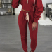  Sexy Hooded Collar Dew Shoulder Wine Red Polyester Two-piece Pants Set 