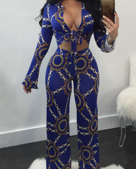  Sexy Printed Blue Cotton Blends Two-piece Pants Set