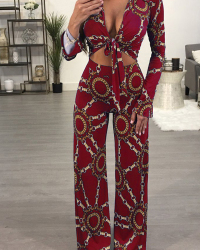  Sexy Printed Wine Red Cotton Blends Two-piece Pants Set