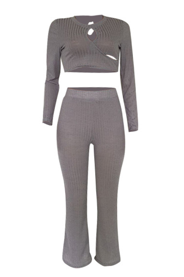  Sexy Round Neck Hollow-out Grey Cotton Two-piece Pants Set