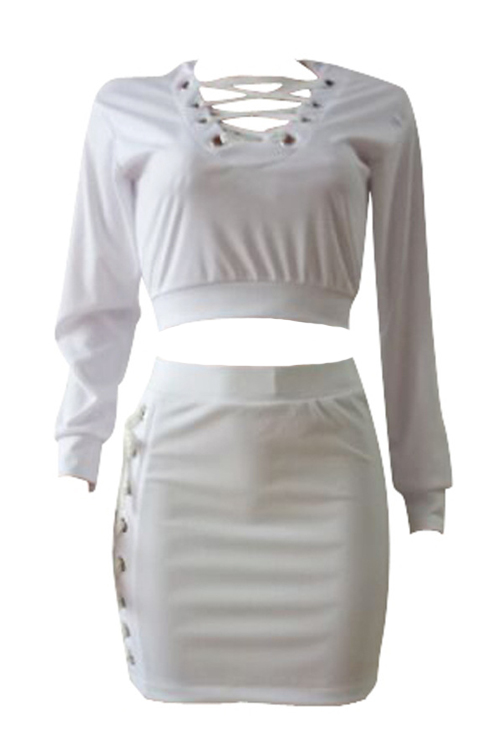  Sexy Round Neck Hollow-out White Cotton Two-piece Skirt Set