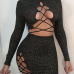  Sexy Round Neck Lace-up Hollow-out Black Knitting Two-piece Skirt Set