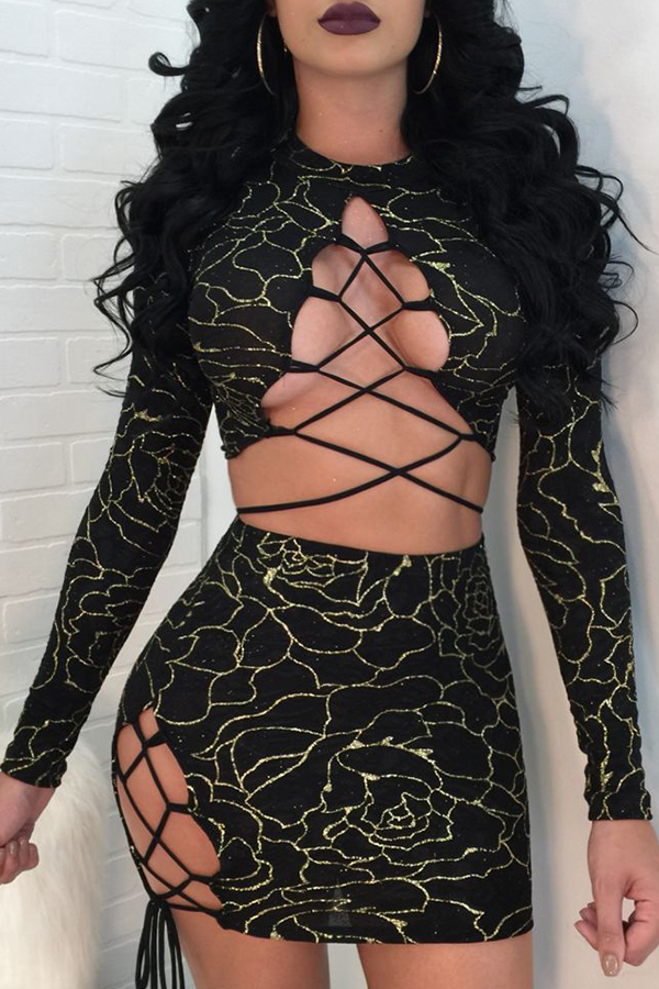  Sexy Round Neck Lace-up Hot Stamping Printed Black Polyester Two-piece Skirt Set