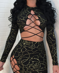  Sexy Round Neck Lace-up Hot Stamping Printed Black Polyester Two-piece Skirt Set