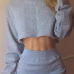  Sexy Round Neck Long Sleeves Grey Cotton Two-piece Skirt Set