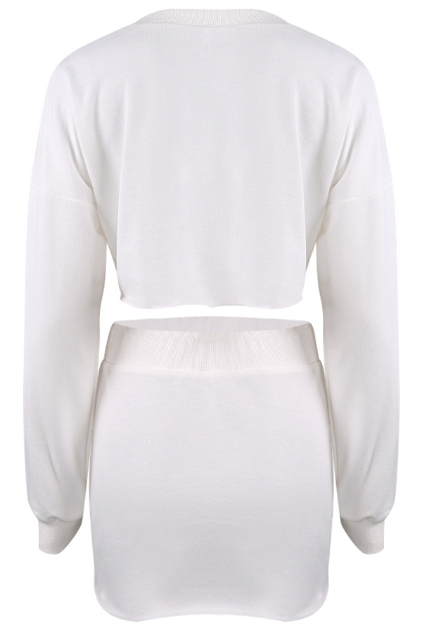  Sexy Round Neck Long Sleeves White Cotton Two-piece Skirt Set