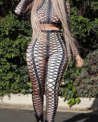  Sexy Round Neck Printed Black Polyester Two-piece Pants Set